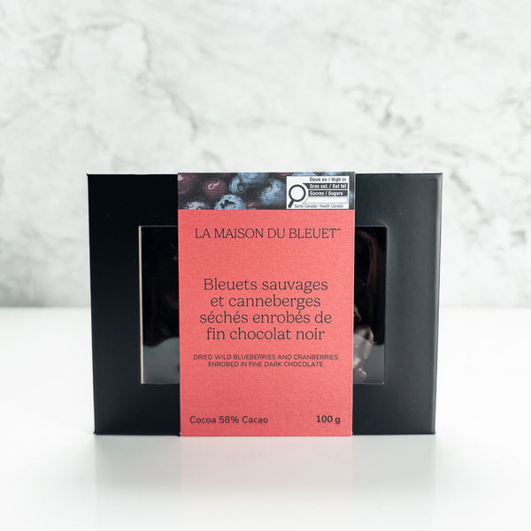 Boite de Bleuets et canneberges enrobés de chocolat noir 100g