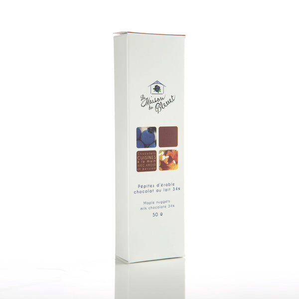 Tablette de pépites d'érable et de chocolat belge au lait 34% de 50g.